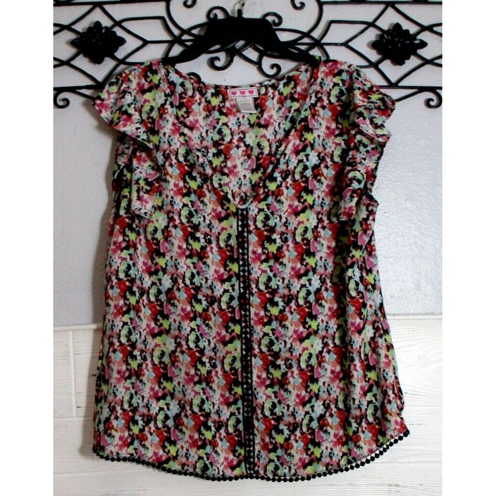 Three Pink Hearts Women's Top Size X Short Sleeve Multicolored V Neck